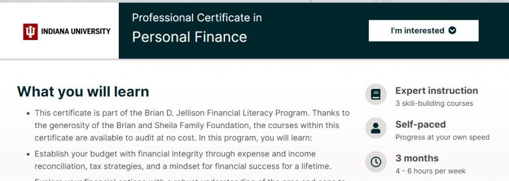 Professional certificate Personal Finance