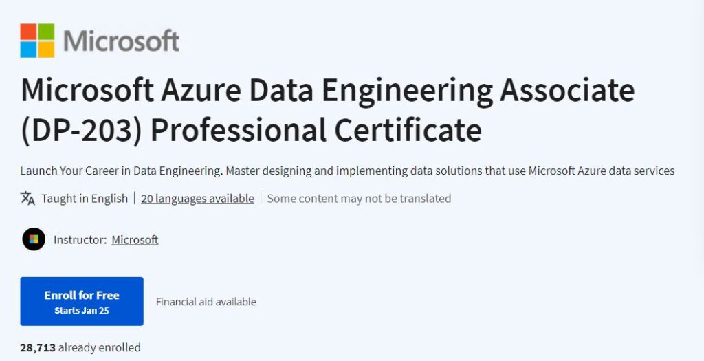 Microsoft Azure Data Engineering Associate (DP-203) Professional Certificate